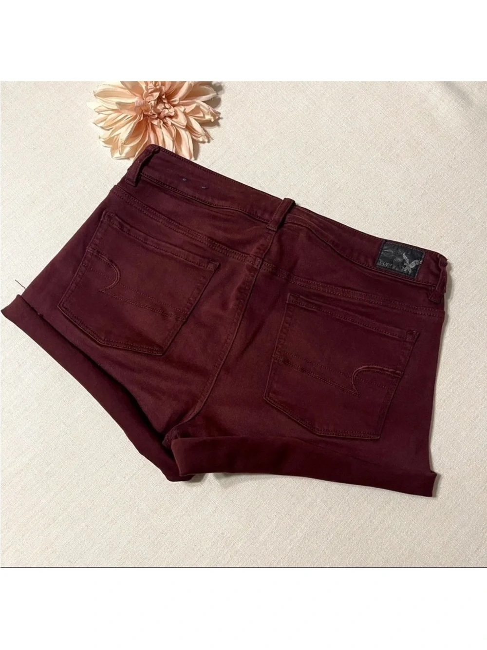 American Eagle Hi Rise Shortie Jean Shorts Size 10 Maroon High Rise